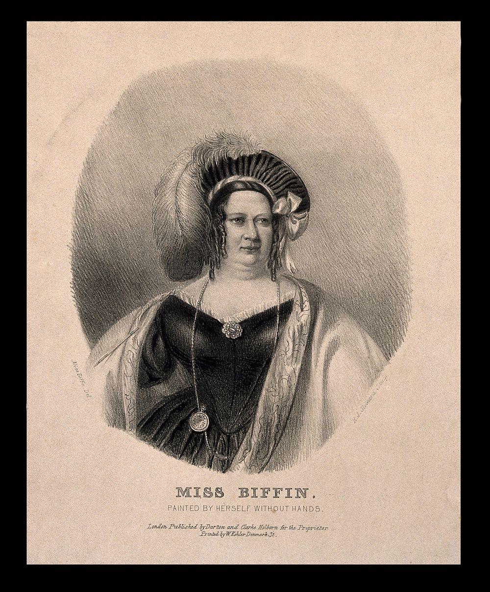 Sarah Biffin, a limbless artist. Lithograph by R. T. Stothard after S. Biffin.