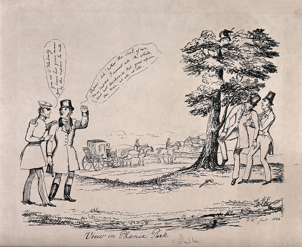 A man is wounded after duelling with pistols in Phoenix Park, Dublin. Engraving, 1834.