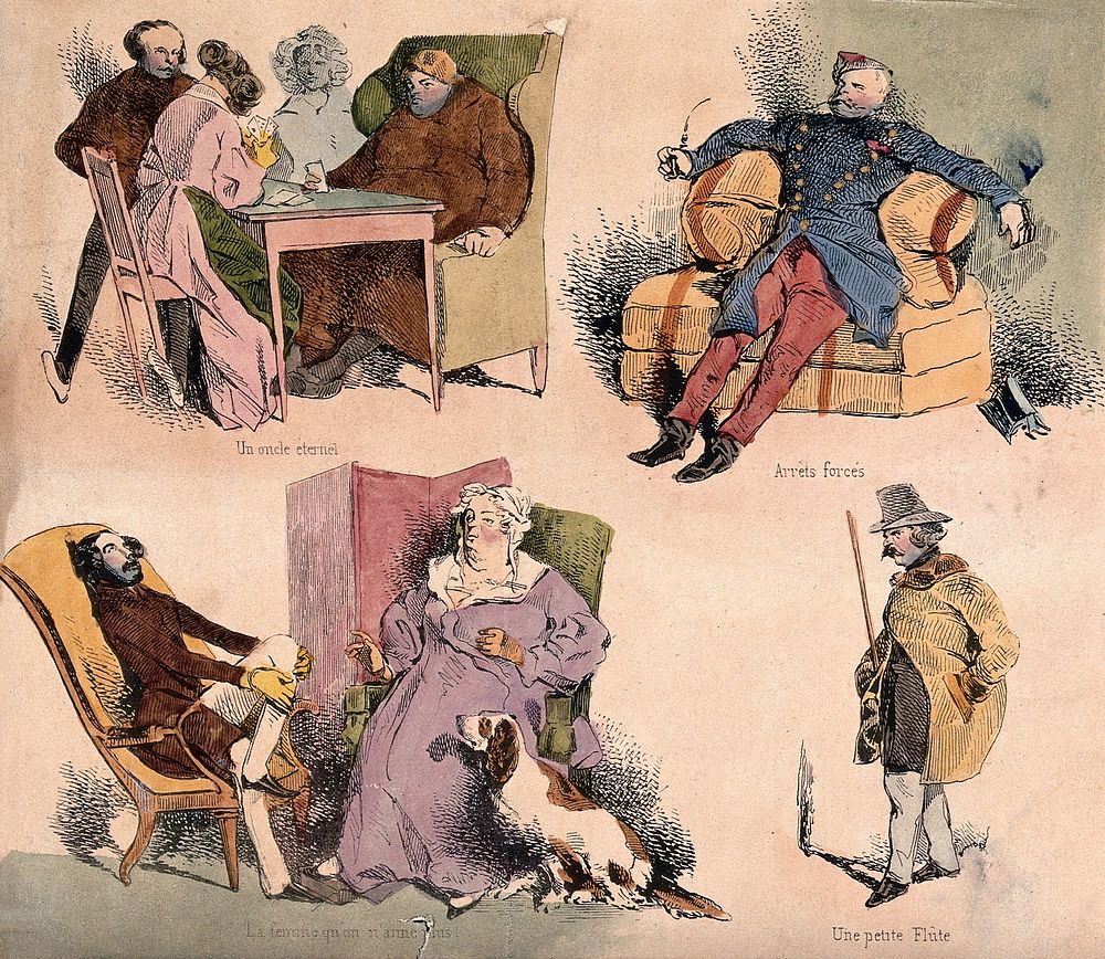 Pastimes: playing cards, resting in an armchair, conversation, a man with a flute. Coloured lithograph after H. Monnnier…