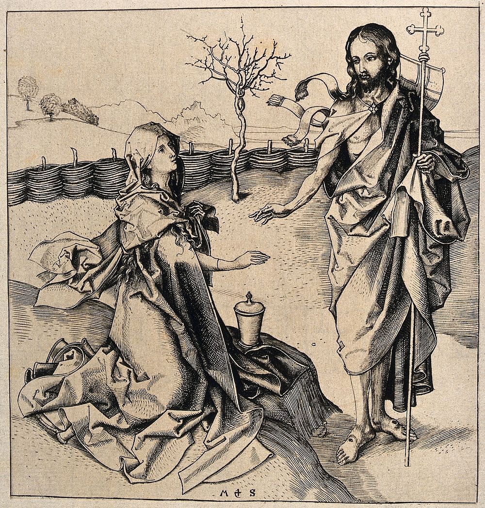 Saint Mary Magdalen: The risen Christ asks her not to touch him. Etching after M. Schongauer.