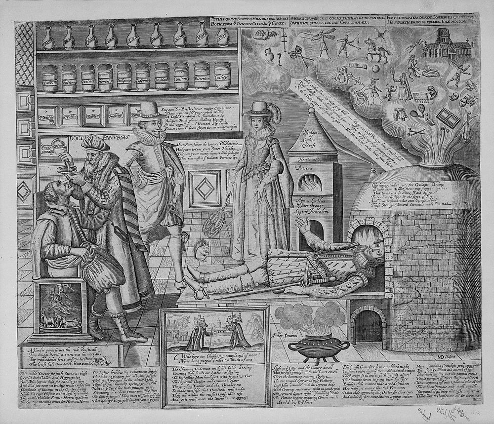 "Doctor Panurgus" curing the folly of his patients by purgative medicines and chemical cures. Line engraving attributed to…