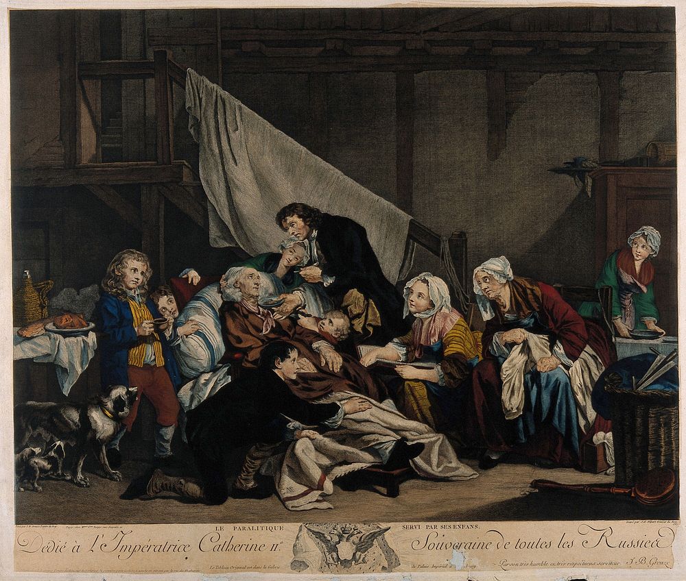 A paralysed old man being comforted and nursed by his children. Coloured line engraving by J.J. Flipart, 1767, after J.-B.…
