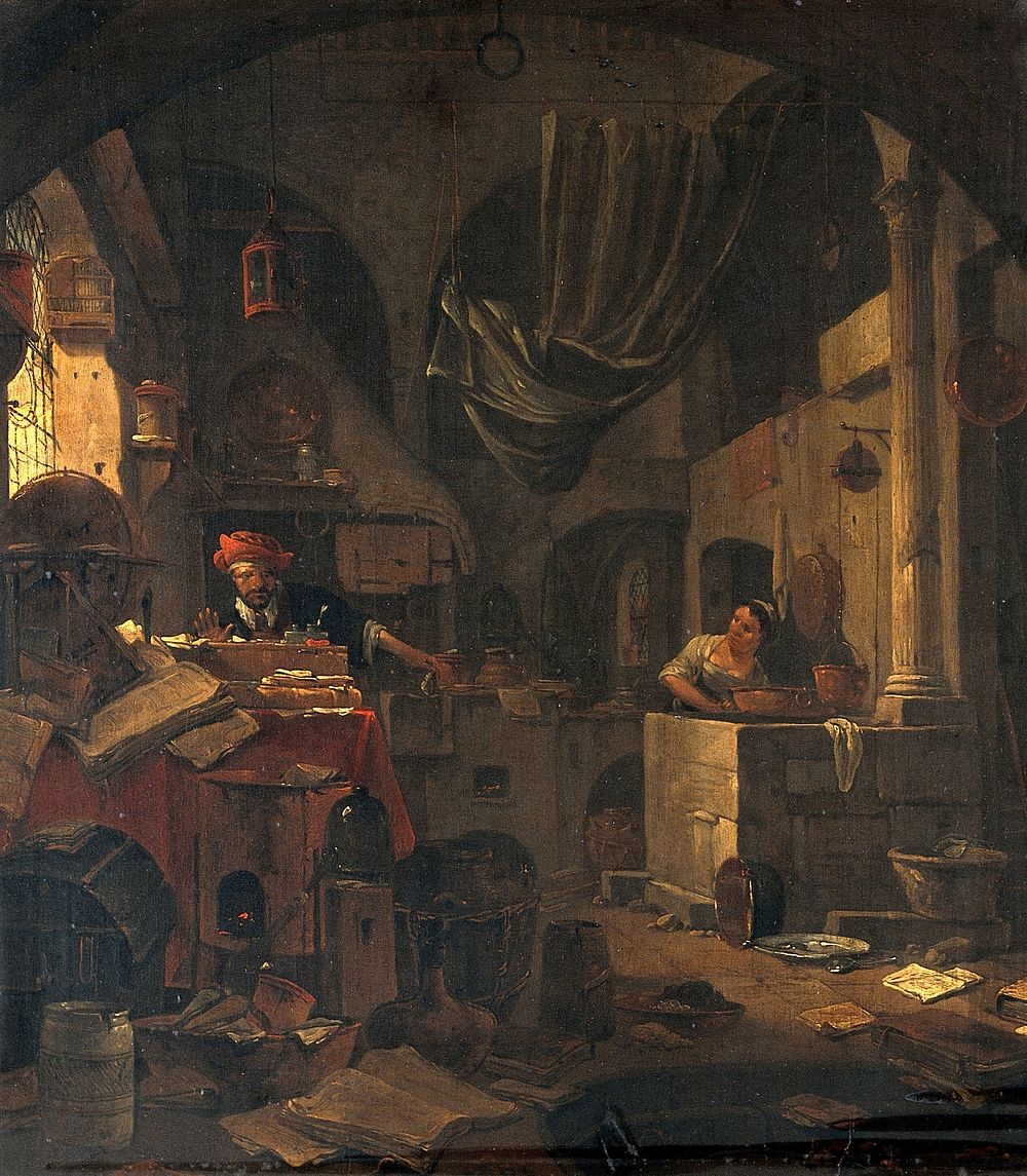 Interior with an alchemist making a gesture of surprise, and a female assistant. Oil painting by Thomas Wijck (Thomas Wyck).