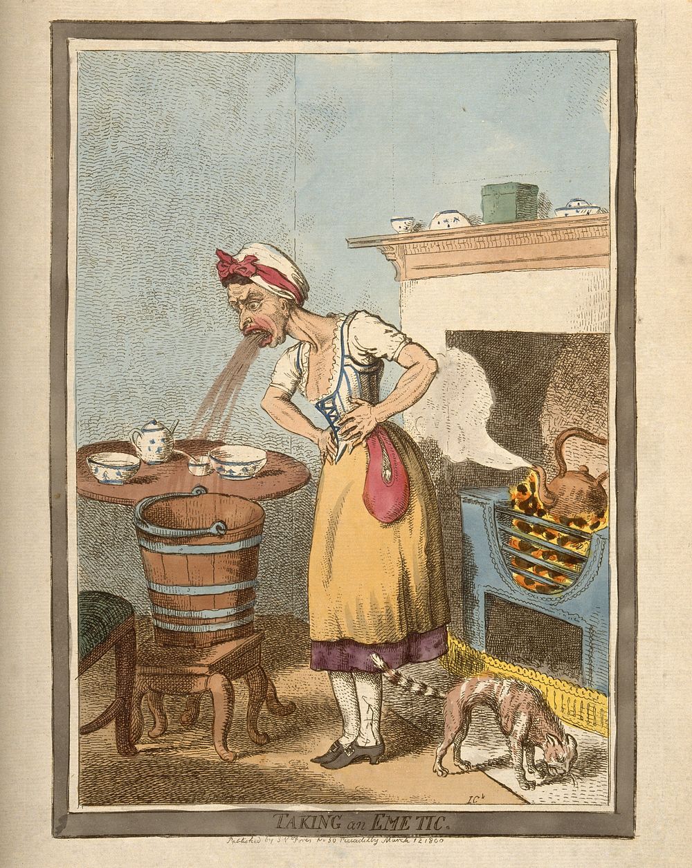 A woman holding her stomach and vomiting into a bucket after self administering an emetic. Coloured etching by I.…