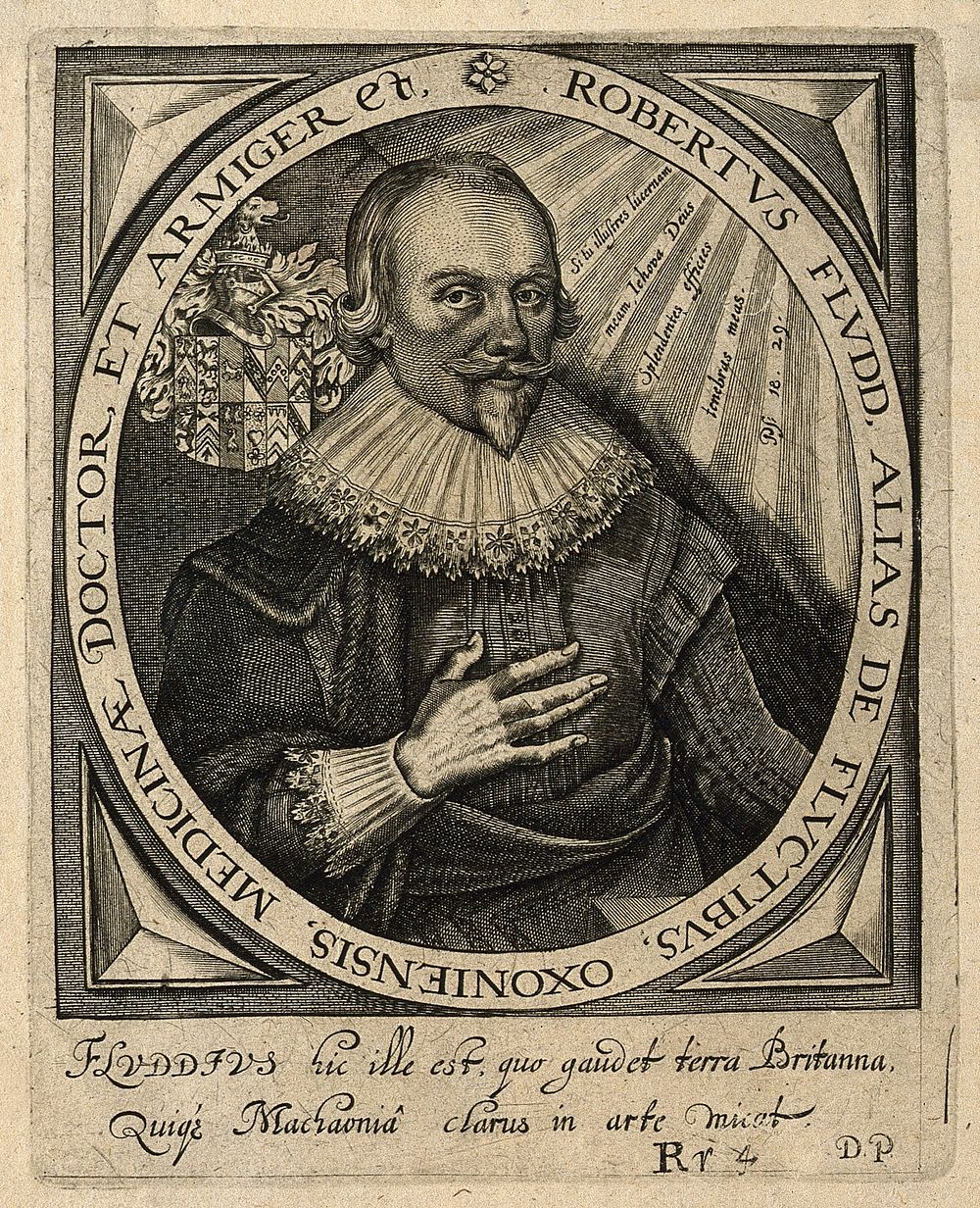 Robert Fludd. Line engraving by T. de Bry, 1645, after M. Merian, 1626.