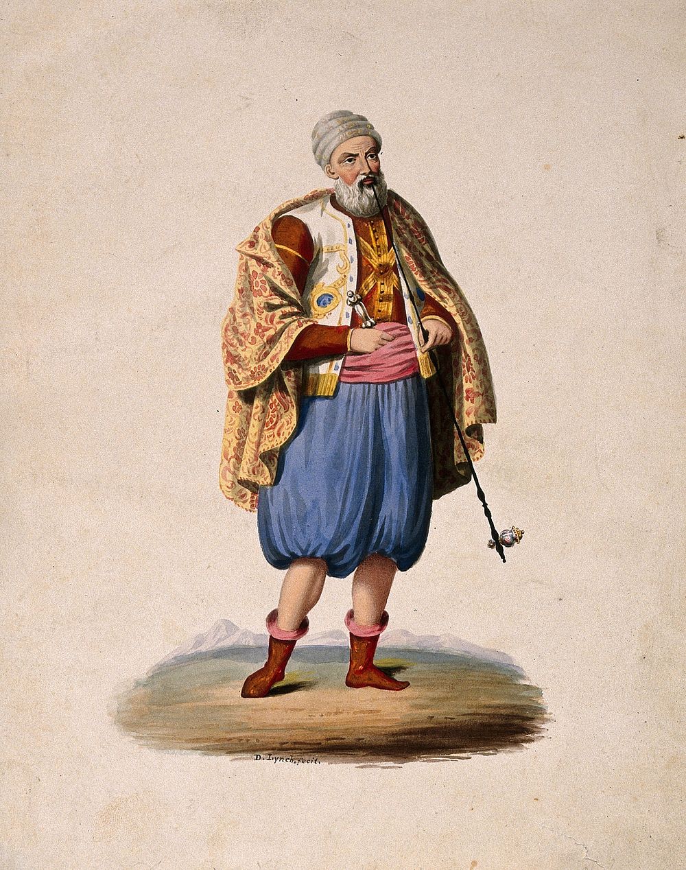 An Ottoman nobleman stands smoking a long-stemmed pipe. Watercolour by D. Lynch.