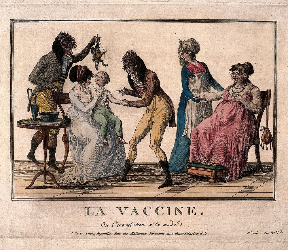 A corpulent woman provides the pustule for the vaccination of a child by a couple of dandified doctors. Etching, c. 1800.