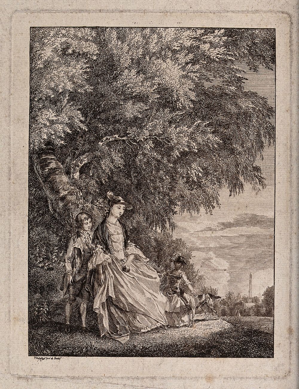 A lady and two children with a dog under a tree in a country park. Etching by P. Sandby, c. 1752, after himself.