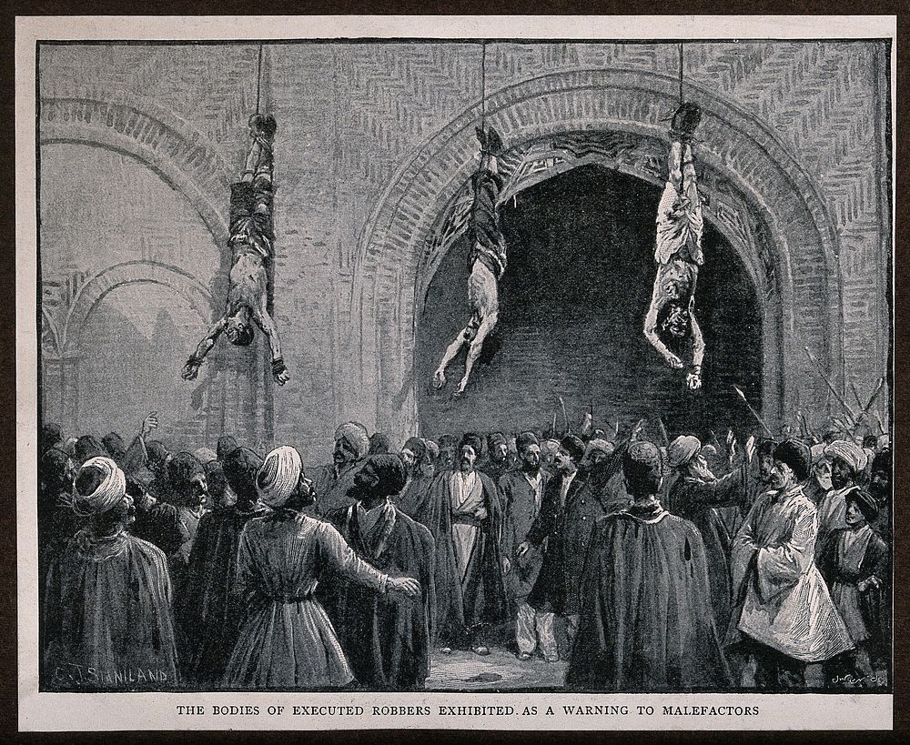 Persia: the bodies of three dead robbers hanging in a public hall; men standing below them. Process print after C.J.…