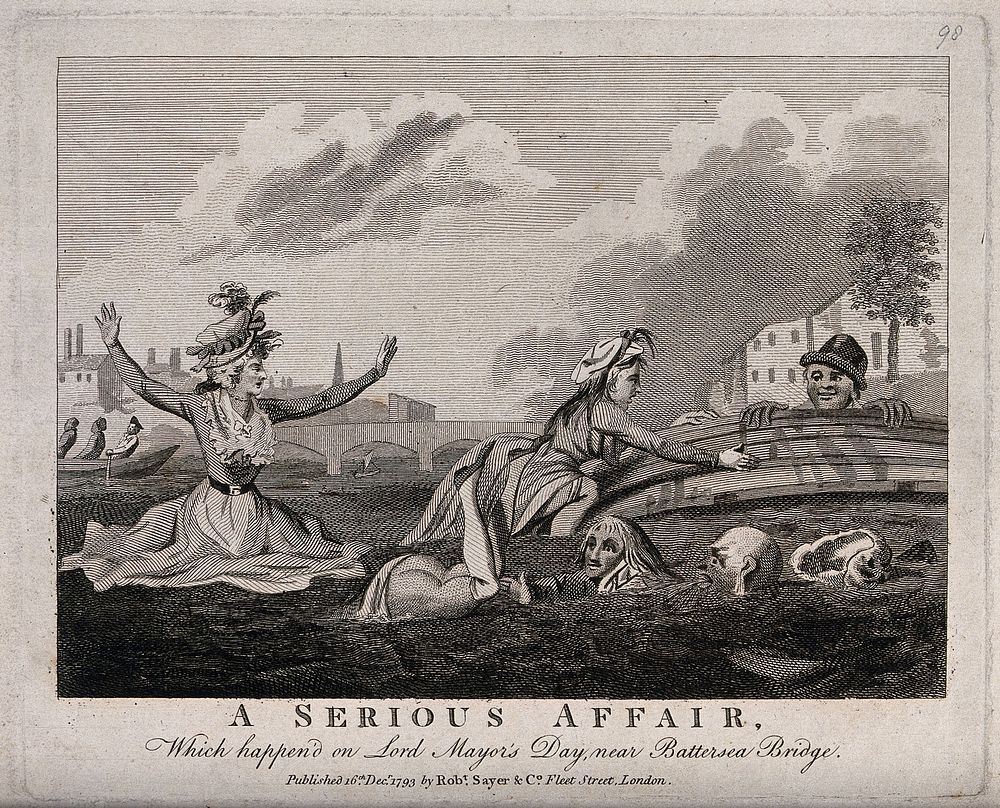 A boat capsized on the Thames leaving three ladies and four men swimming to the shore. Engraving.