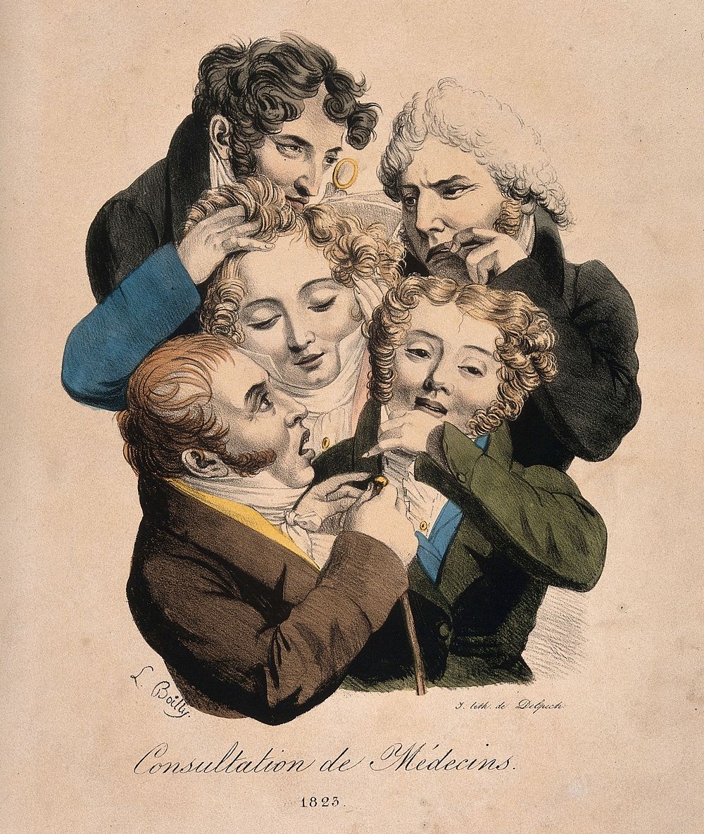 A group of young, fashionable doctors. Coloured lithograph by F-S. Delpech after L. Boilly, 1823.