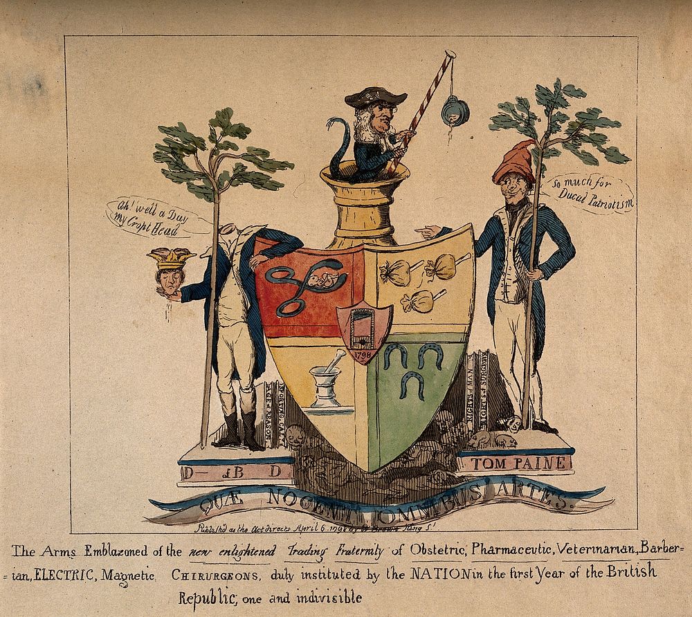 A mock escutcheon for a united, British republican college of health practitioners; representing British debate over the…