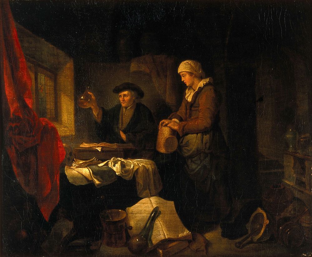 A physician examining a urine flask brought by a young woman. Oil painting, 19th century, after Hendrik Heerschop.