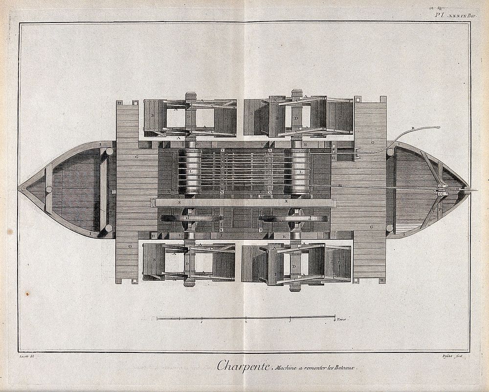 Carpentry: a water-mill, for pulling boats through a lock. Engraving by Prevost after Lucotte.
