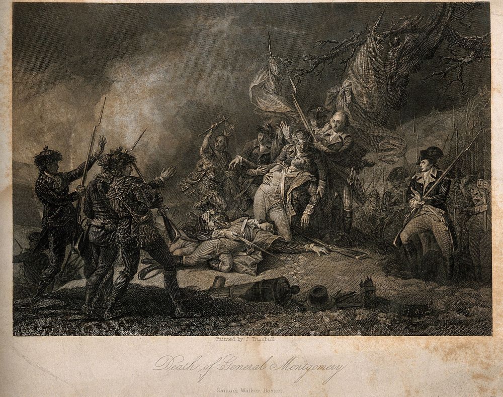 The death of General Montgomery, at Quebec, all around are soldiers and native Americans. Engraving by J. Thomson after J.…