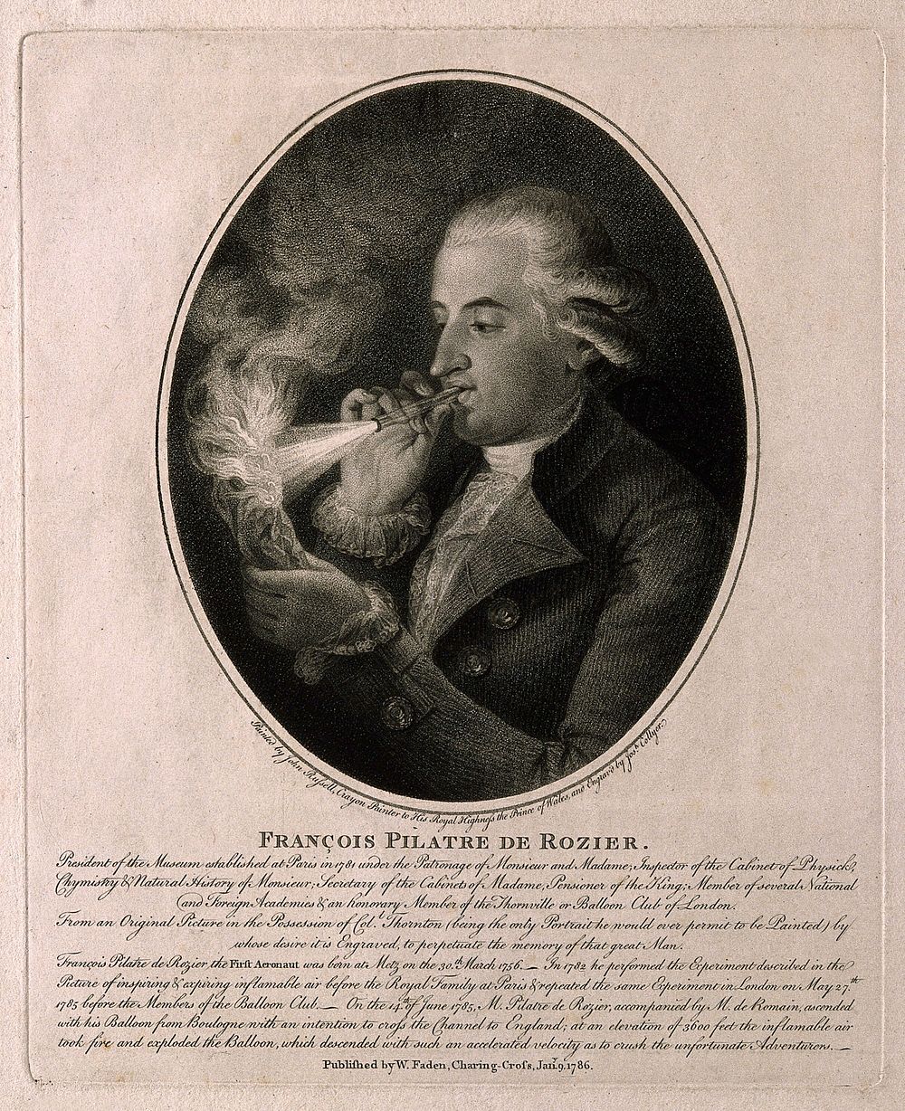 Jean François Pilâtre de Rozier. Stipple engraving by J. Collyer, 1786, after J. Russell.