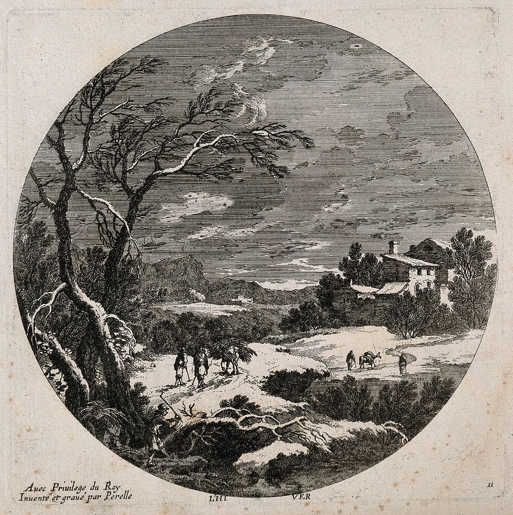 People walking through snow with a donkey carrying wood; representing winter. Etching by N. Perelle after himself, 17th…