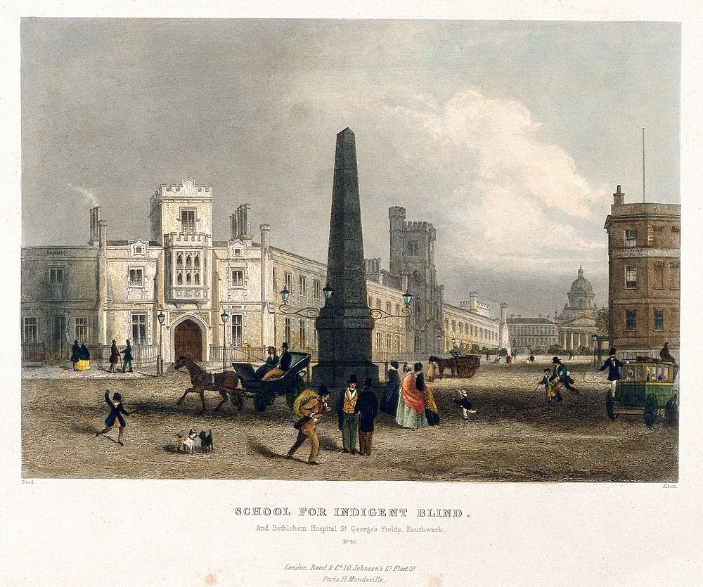 The blind school, and, in the distance, Bedlam Hospital, Southwark. Coloured engraving by T. Albutt after [W.] Read.