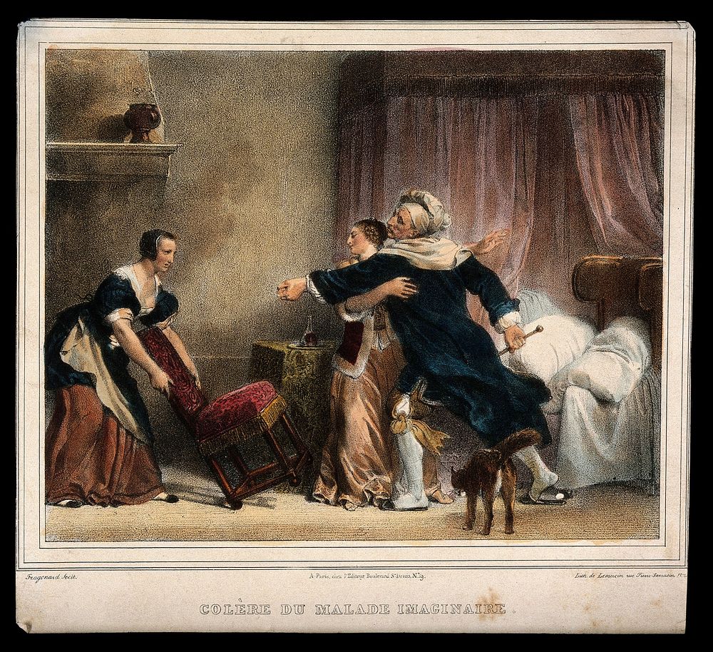 Two women trying to seat a hysterical hypochondriac while a cat arches its back. Coloured lithograph after J.H. Fragonard.
