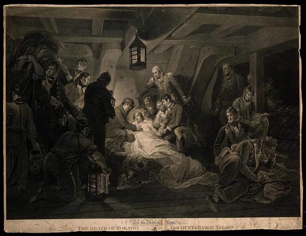 The death of Lord Nelson on the quarter deck aboard HMS Victory at the battle of Trafalgar. Engraving by W. Bromley after…