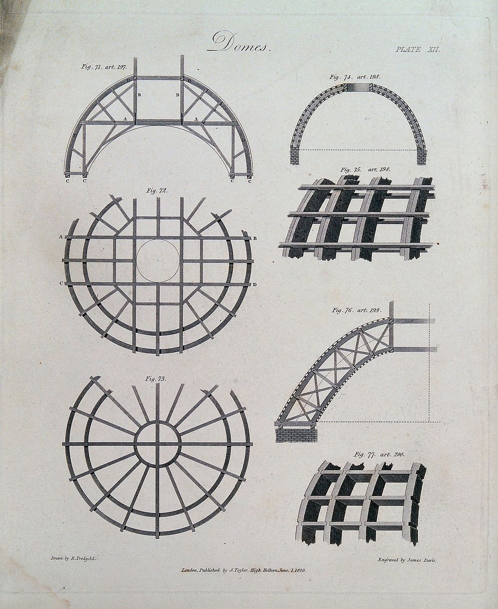 Engineering: details of various wooden domes. Engraving by J. Davis after R. Tredgold, 1820.