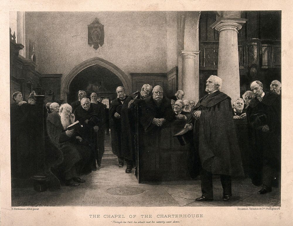 The Charterhouse, London: the Chapel, with a service in progress. Engraving by Boussod, Valadon & Cie. after H. von Herkomer.