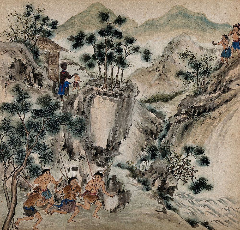Aboriginal peoples go hunting in a rocky ravine in Formosa. Painting by a Taiwanese artist from around 1850.