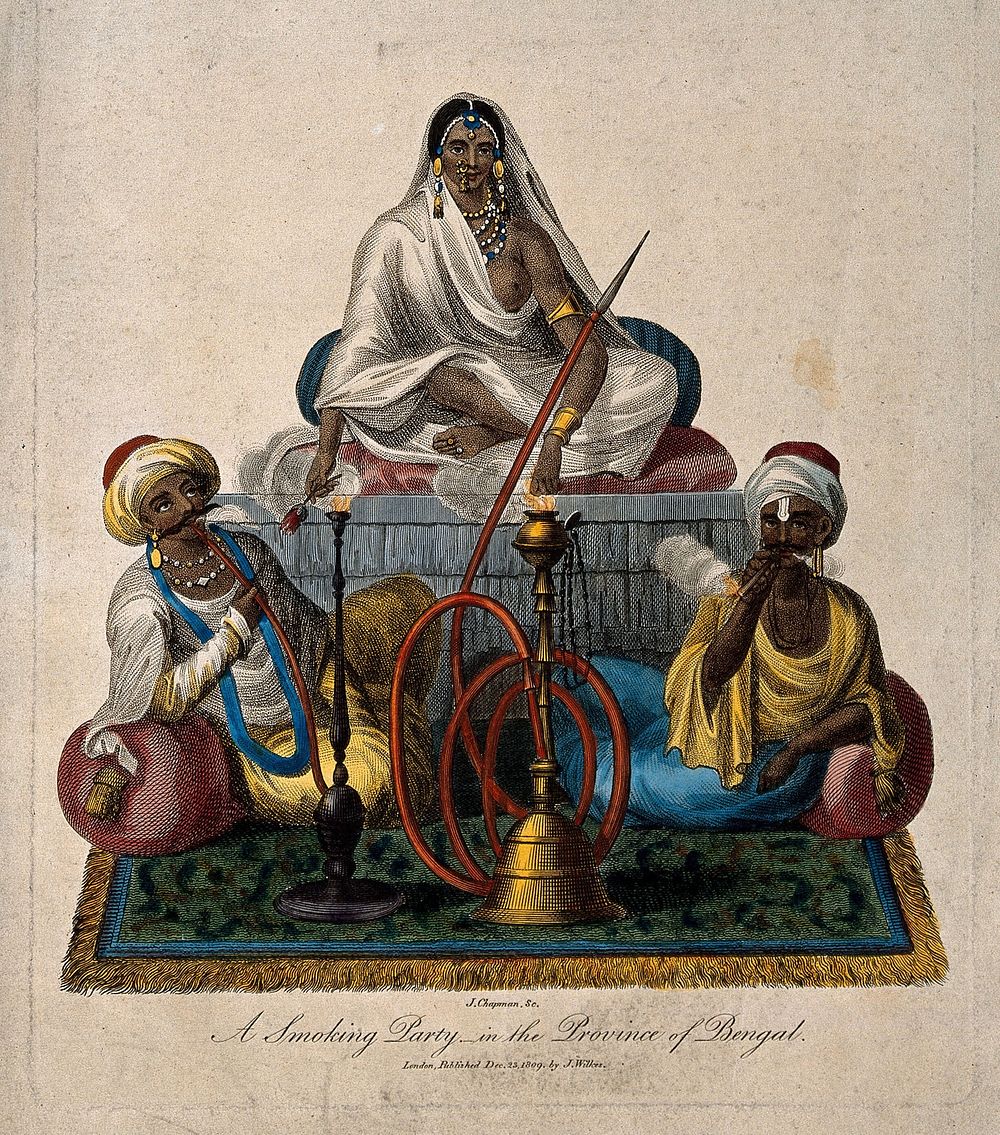 Three wealthy Indians sit smoking hookas and a cigar. Coloured stipple engraving by J. Chapman, c. 1809.