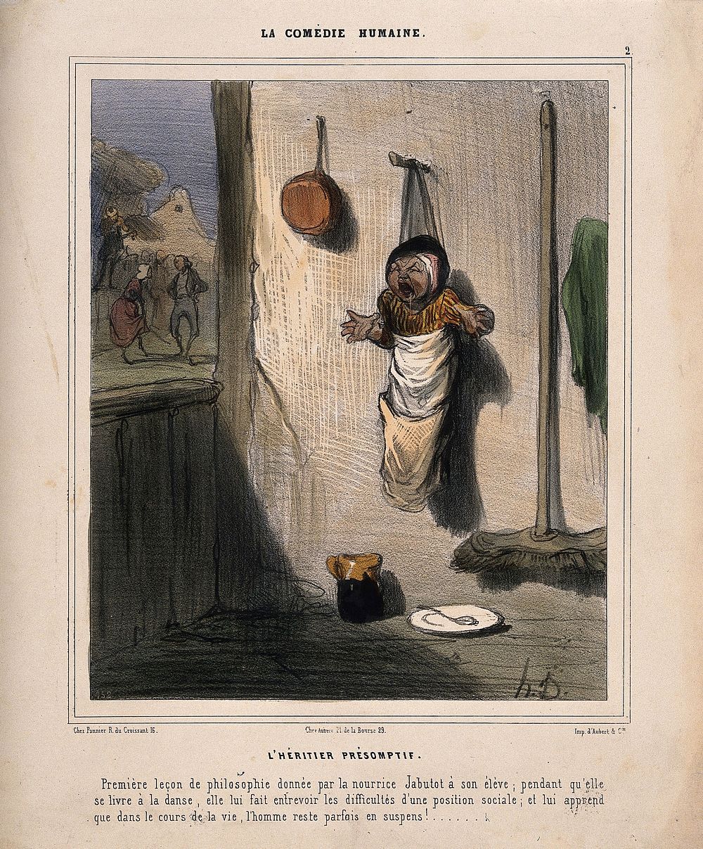 An unhappy young child hung on a wall by his nurse, who has gone dancing. Coloured lithograph by H. Daumier, 1843.