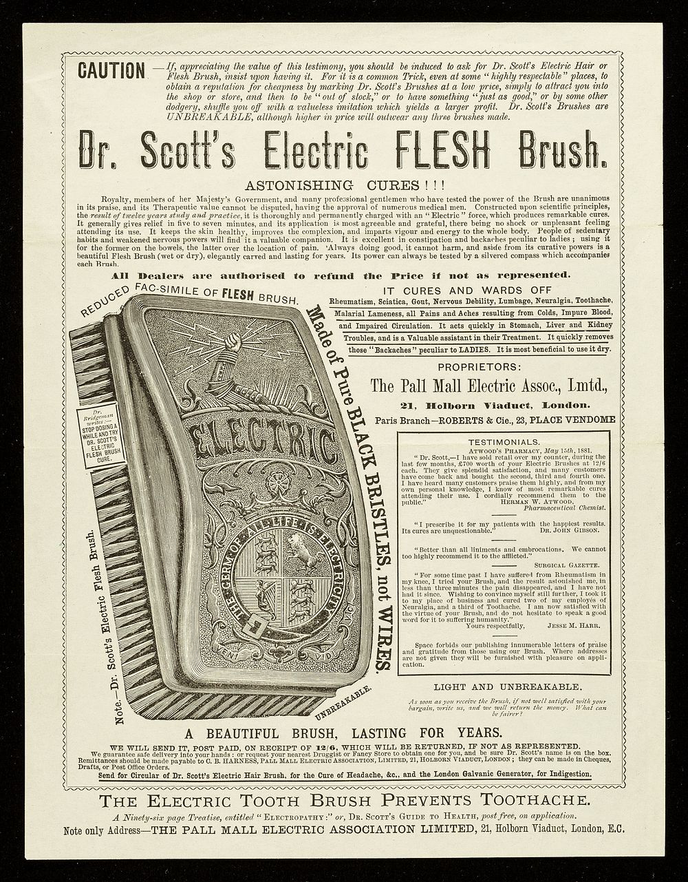 Dr. Scott's electric flesh brush : astonishing cures !!! / by the Pall Mall Electric Association.