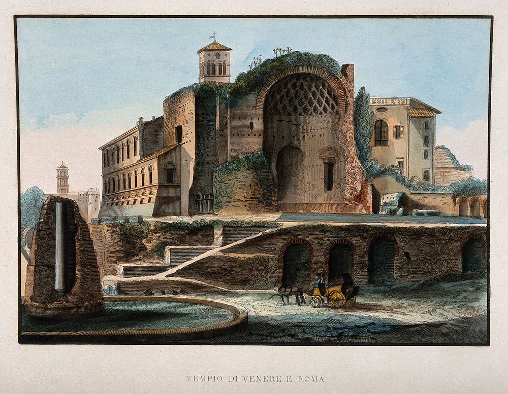Temple of Venus and Rome, Rome. Coloured etching.