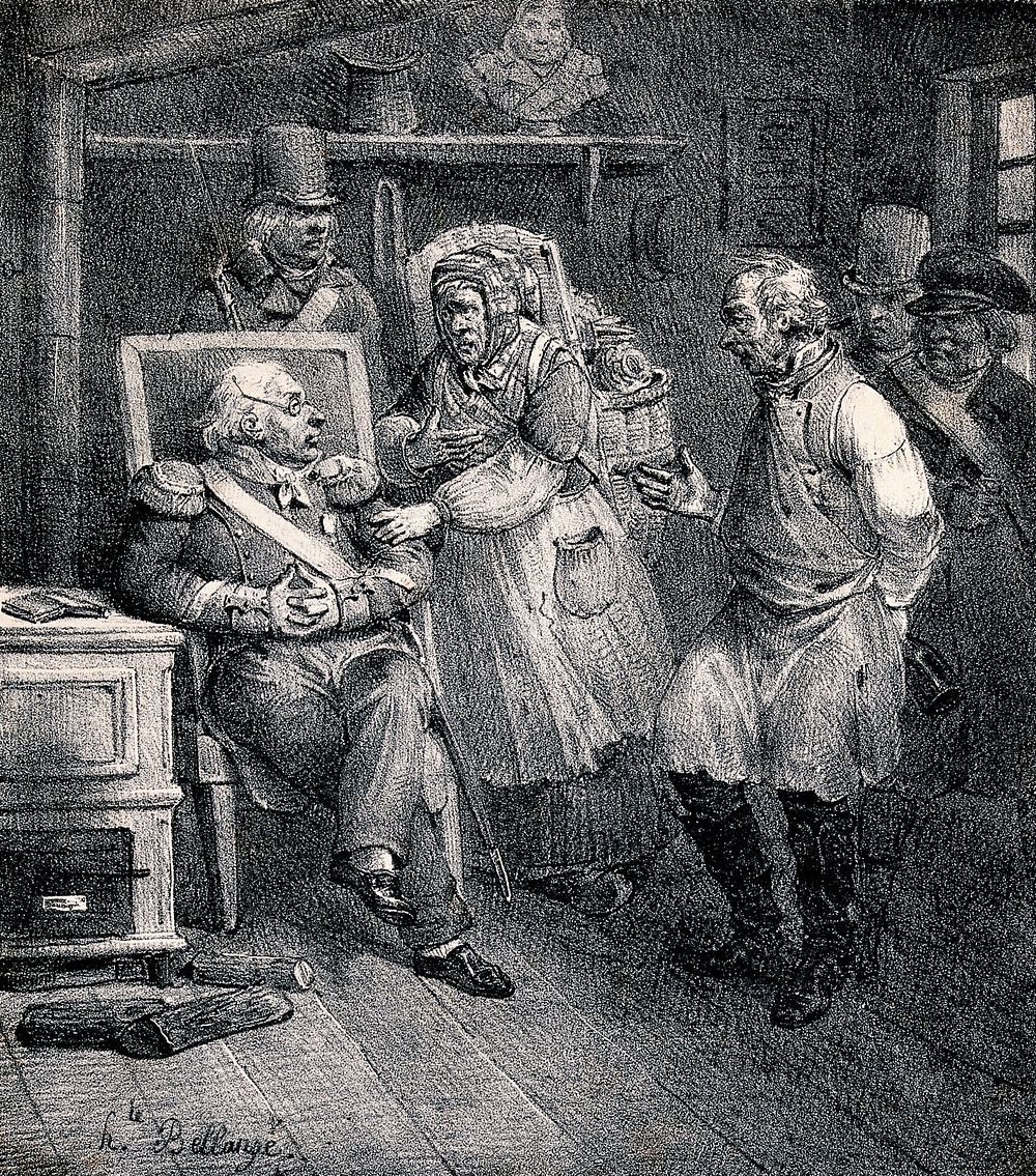 An old woman with a basket of wares on her back is talking to a man in a chair, an old man is by her side with a bottle…