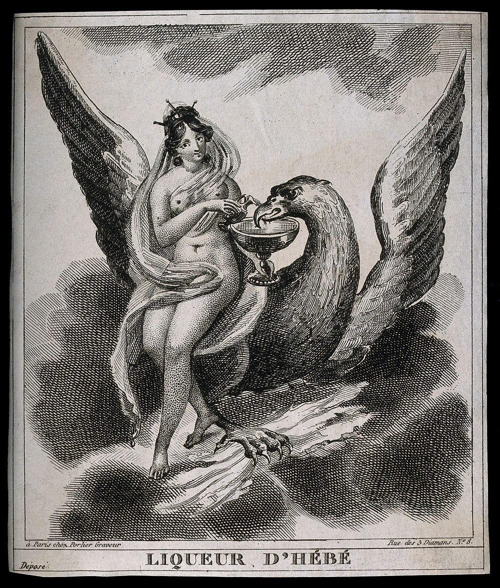 A French liqueur label illustrated with a beautiful maiden seated on an eagle's wing. Engraving by Portier, 19th century.