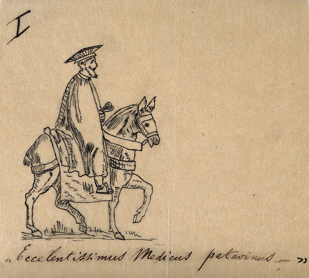 A physician in traditional costume on horseback. Ink drawing.