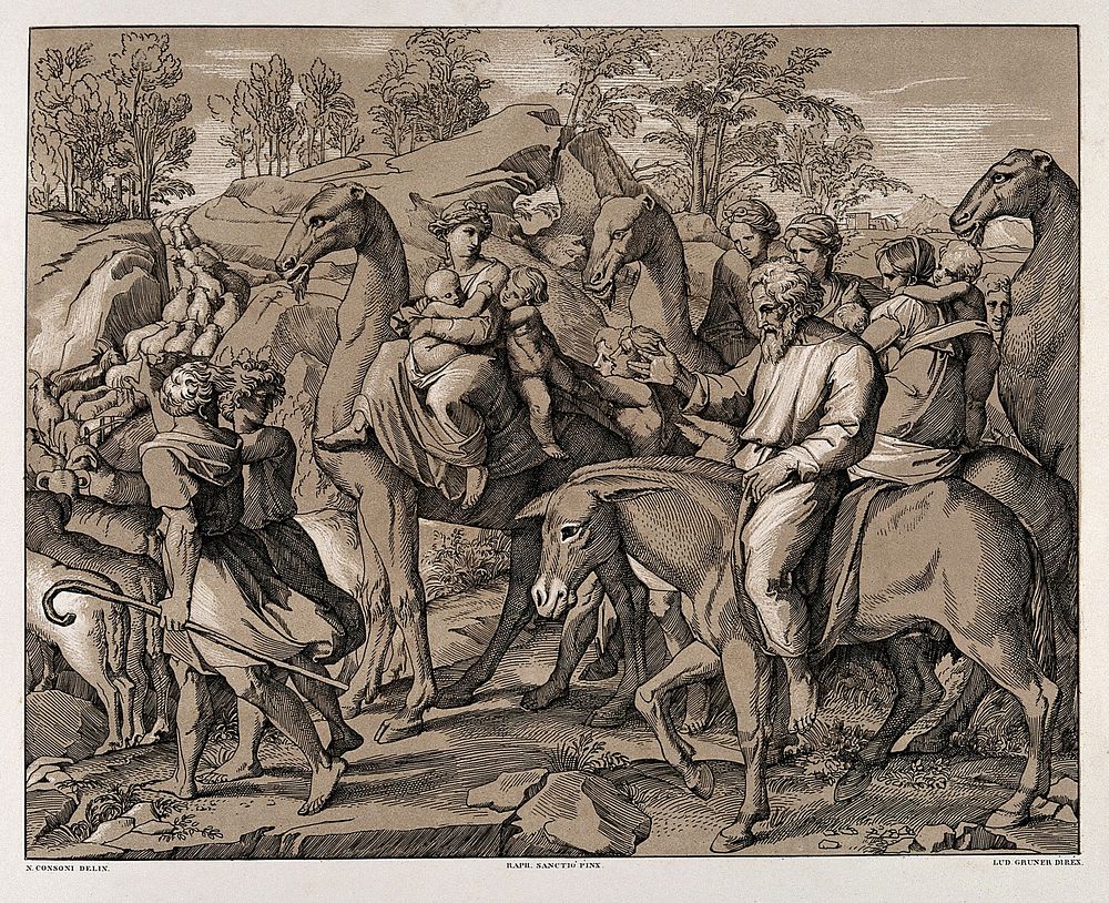 Jacob leaving Laban with his cattle and family. Colour lithograph by L. Gruner after N. Consoni after Raphael.