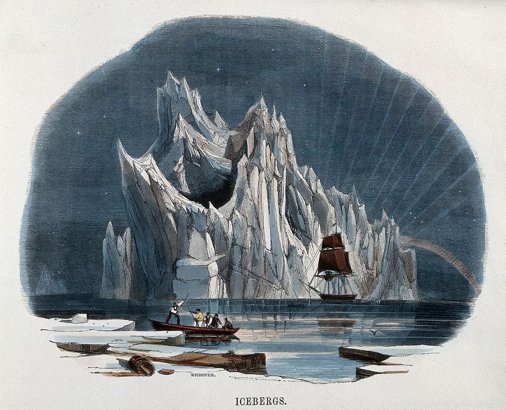 Geography: a gigantic iceberg at sea, dwarfing a sailing ship. Coloured wood engraving by C. Whymper.