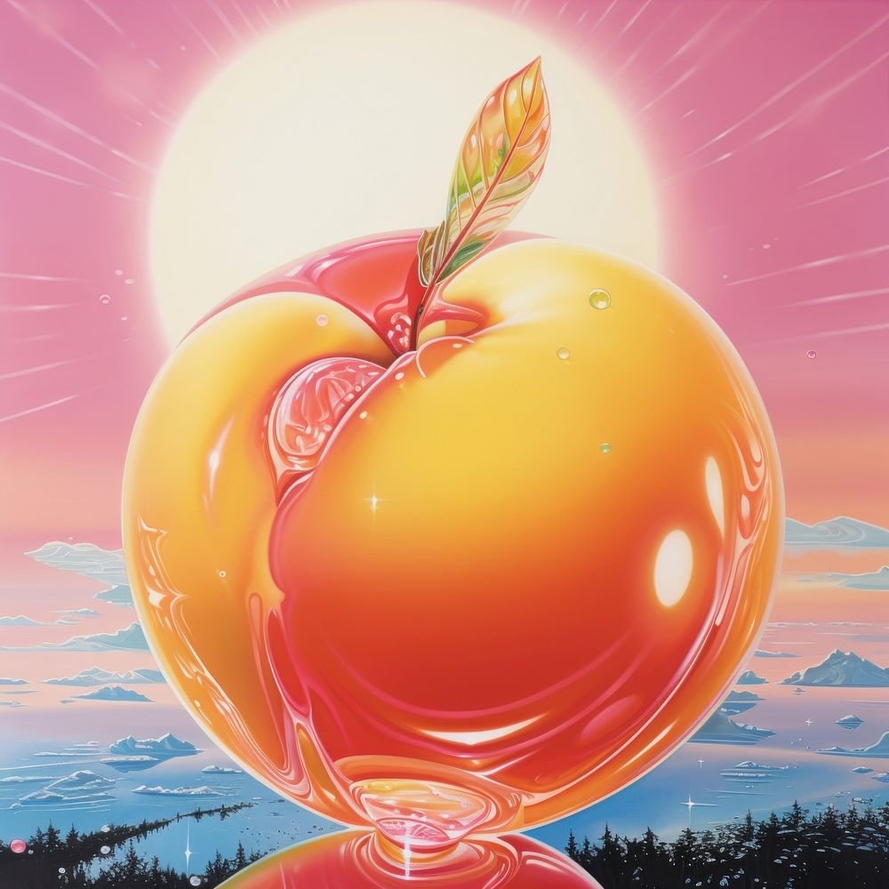Airbrush art of a peach fruit plant sky.