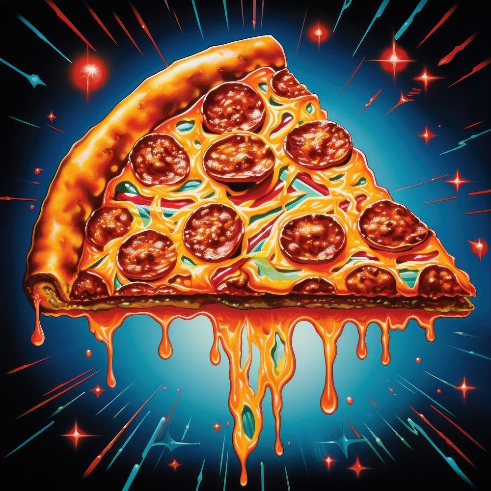 Airbrush art of pizza food advertisement pepperoni.