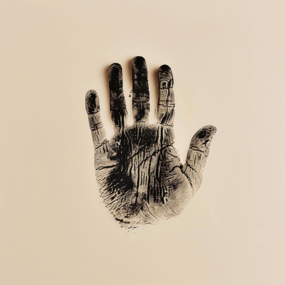 The right palm print of a person on paper photography hand studio shot.