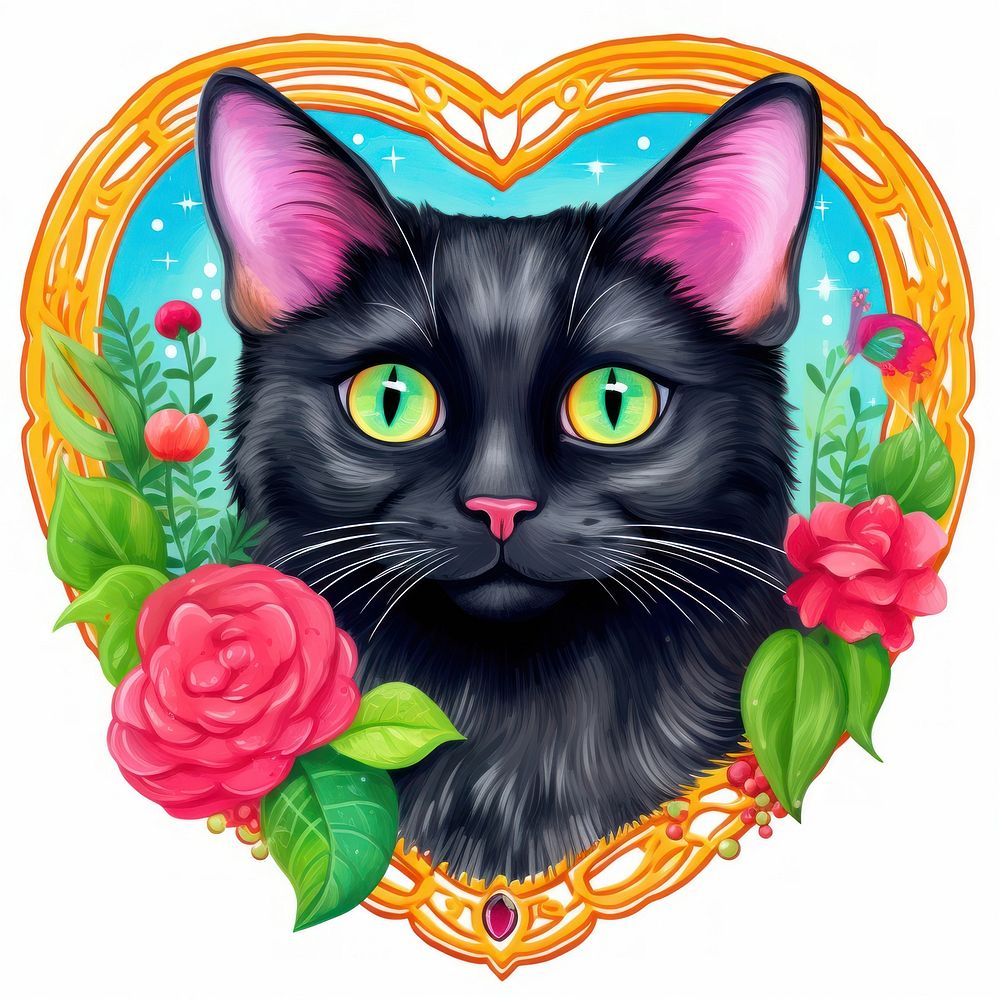 Black cat printable sticker mammal animal flower.
