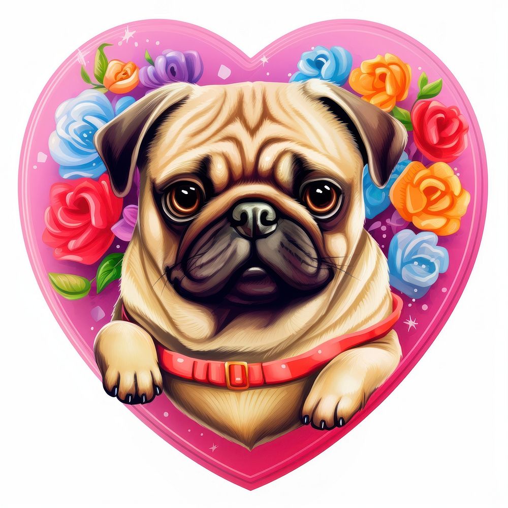 Pug dog breed printable sticker animal mammal heart.