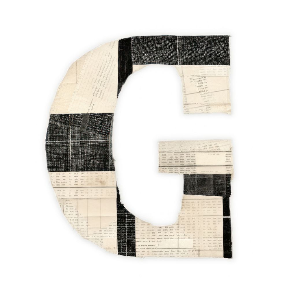 Alphabet G paper craft collage text art white background.