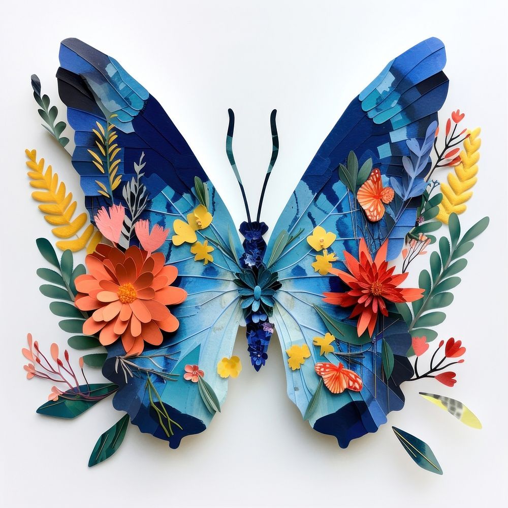 Cut paper collage with butterfly art insect plant.