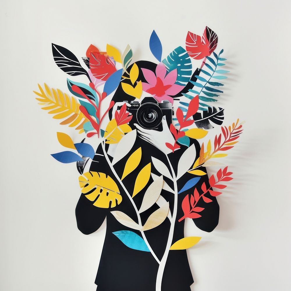 Cut paper collage with a person art pattern camera.