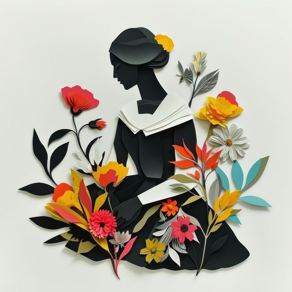 Cut paper collage with women art flower plant.