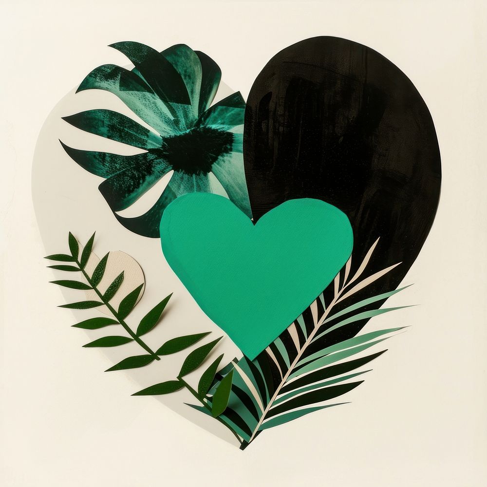 Cut paper collage with heart plant shape green.