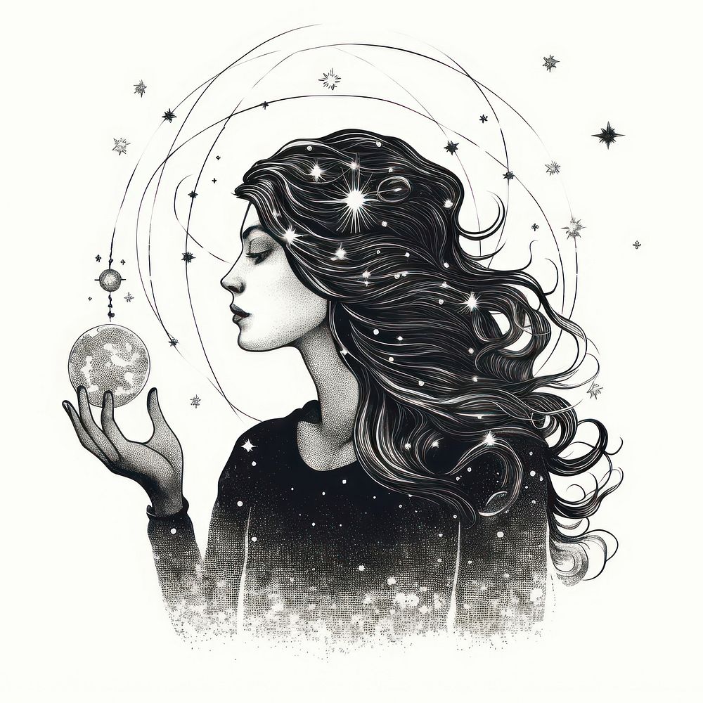 Witch celestial drawing portrait sketch.