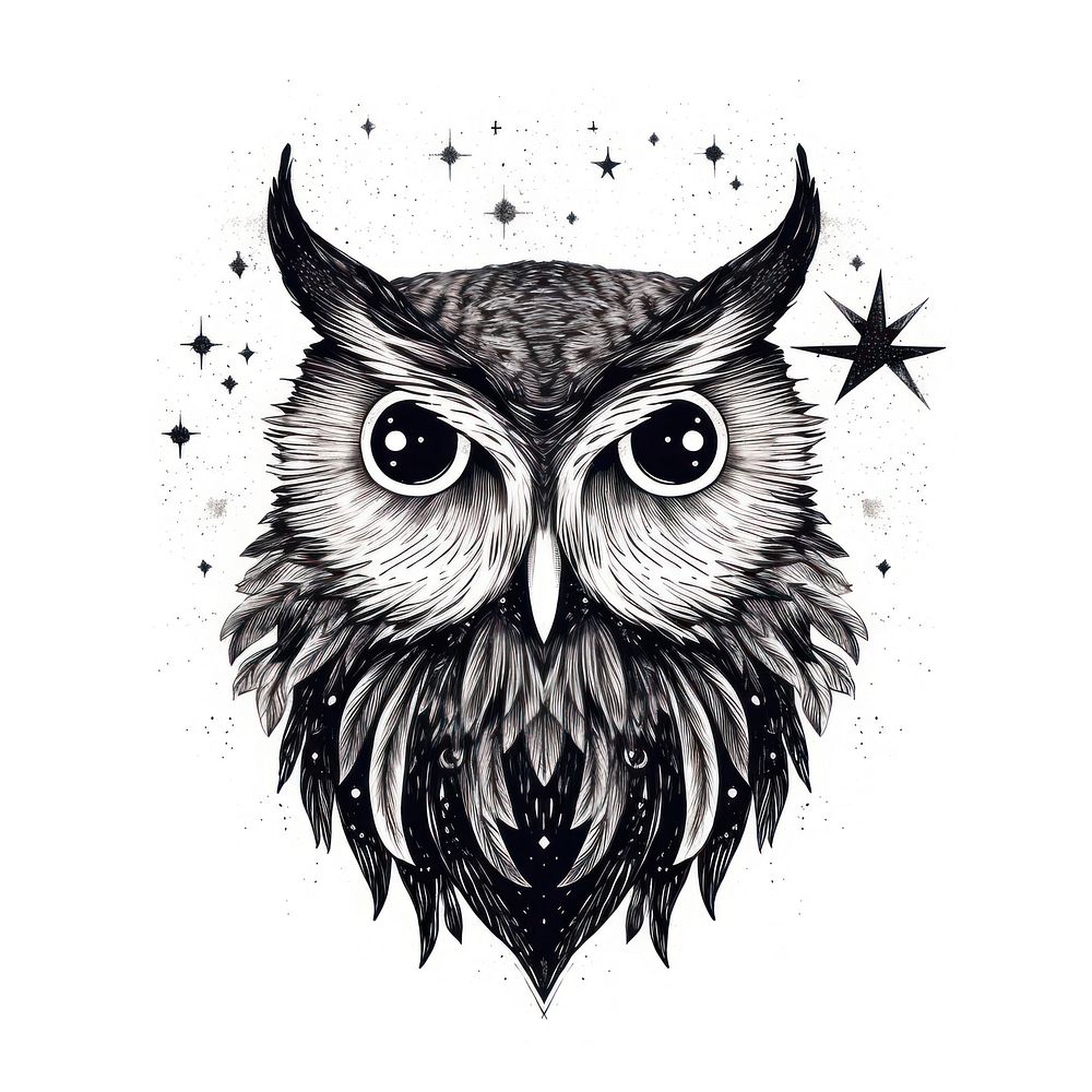 Owl celestial drawing sketch white background.