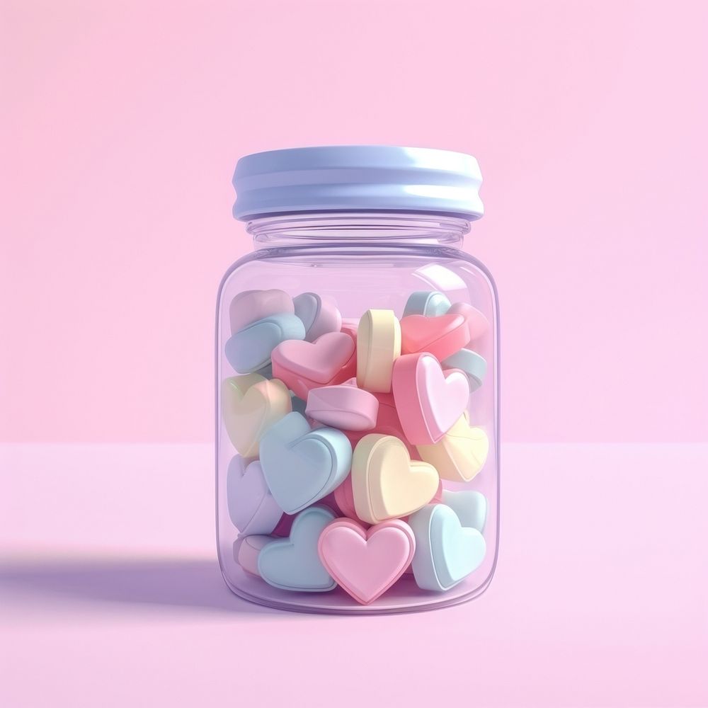 Jar of heart-shaped medicines pill confectionery transparent.