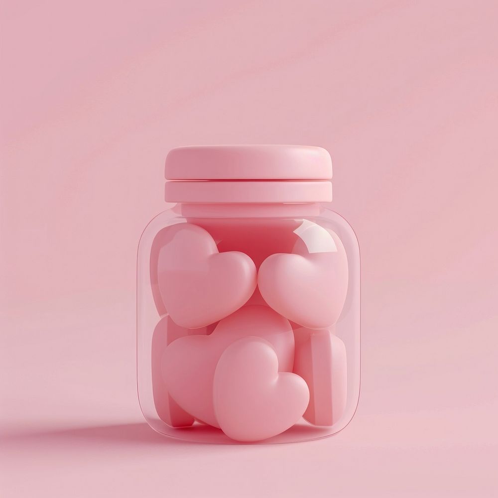 Jar of heart-shaped medicines pill medication container.